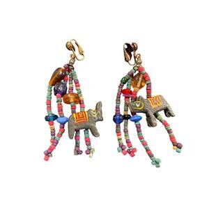 Vintage Multi-Strand Beaded Carved Animal Clip-On Earrings